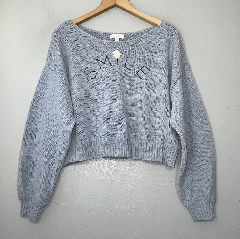 Oversized Medium Whimsical Coquette Powder Blue Cropped Daisy Smile Sweater Boxy